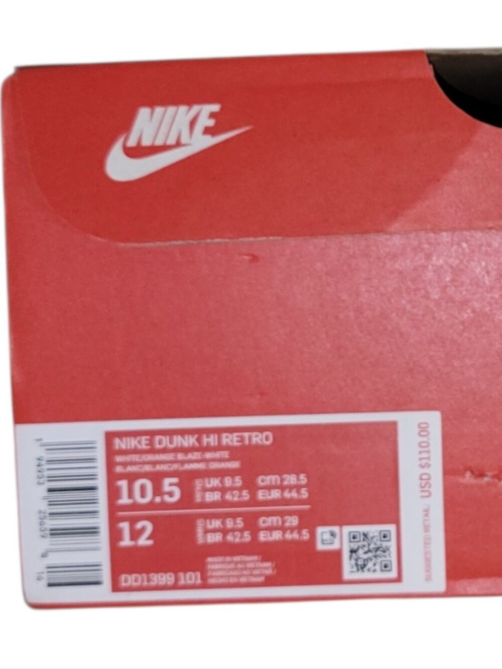 Nike Dunk Hi Retro Shoe Box. Box Only No Shoes Included